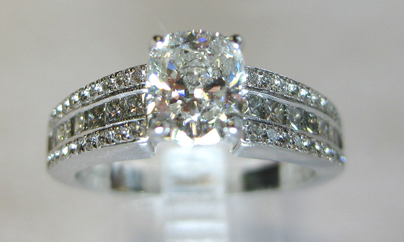 Cushion Custom Diamond Engagement Ring With Round & Princess Diamonds Channel Set On Shank