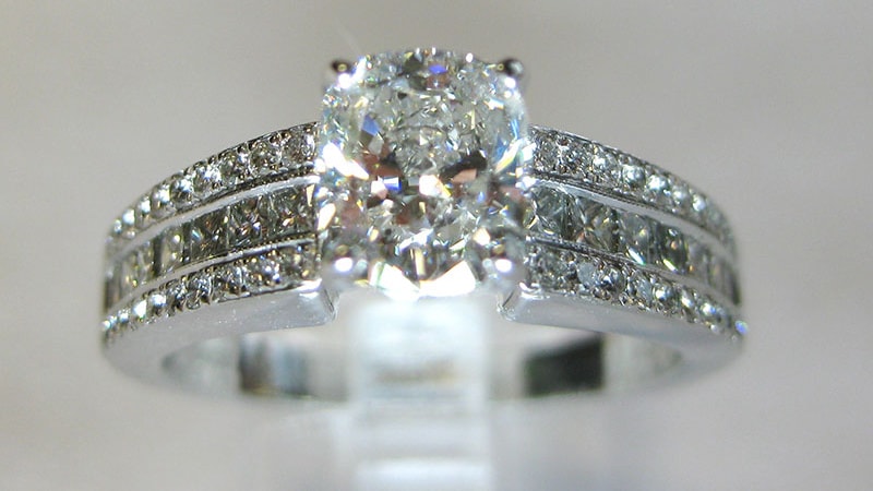 Cushion Custom Diamond Engagement Ring With Round & Princess Diamonds Channel Set On Shank Cushion Custom Diamond Engagement Ring With Round & Princess Diamonds Channel Set On Shank