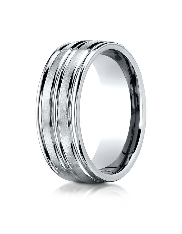 Grooved Two Row White Gold Mens Wedding Band