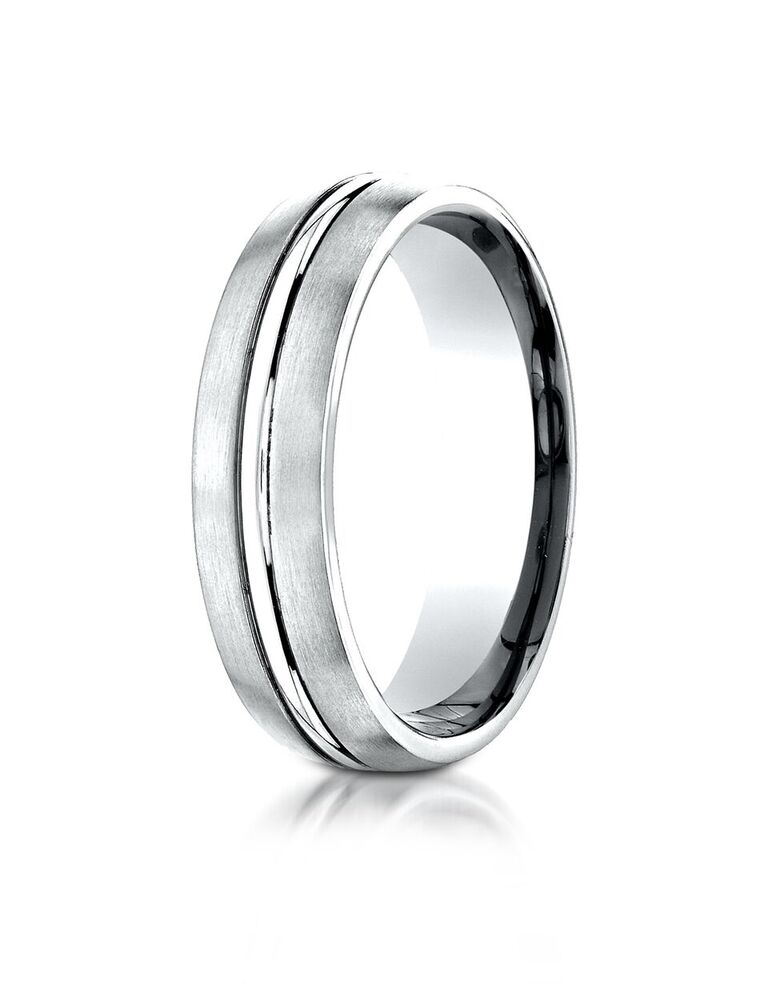 Grooved White Gold Mens Wedding Band with Satin Finish Sides