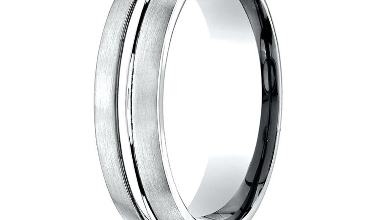 Grooved White Gold Mens Wedding Band with Satin Finish Sides Grooved White Gold Mens Wedding Band with Satin Finish Sides