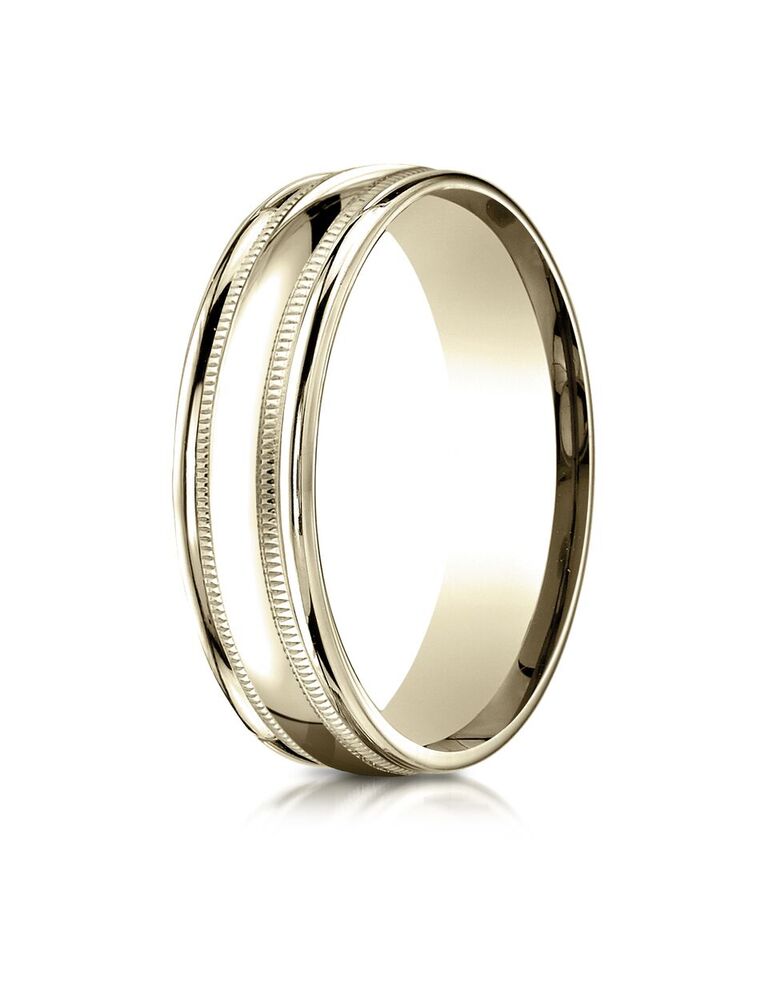 Yellow Gold Grooved Mens Wedding Band with Beveled Edges