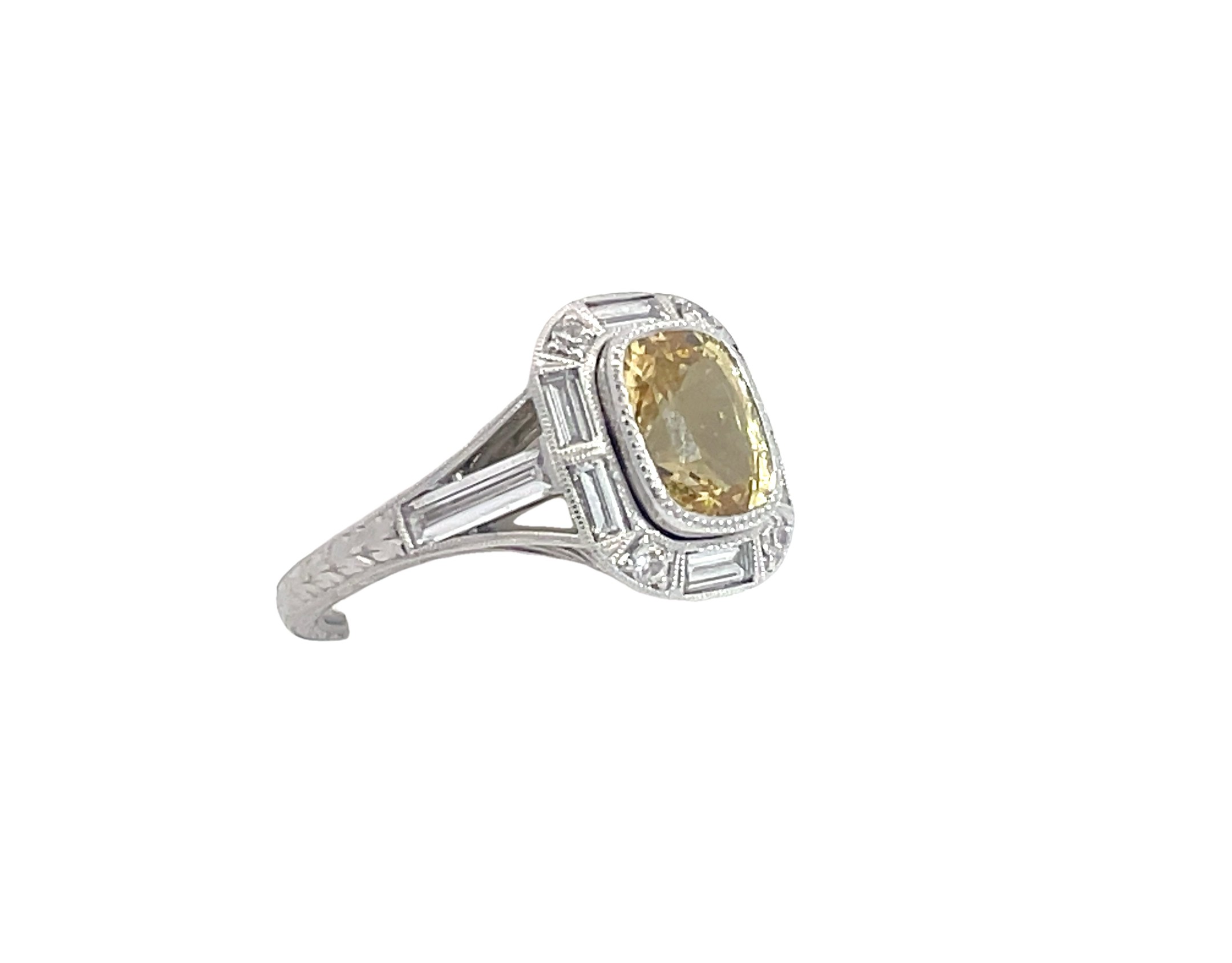 Vintage Yellow Cushion Sapphire Baguette Diamond Custom Ring Vintage Yellow Cushion Sapphire Baguette Diamond Custom Ring