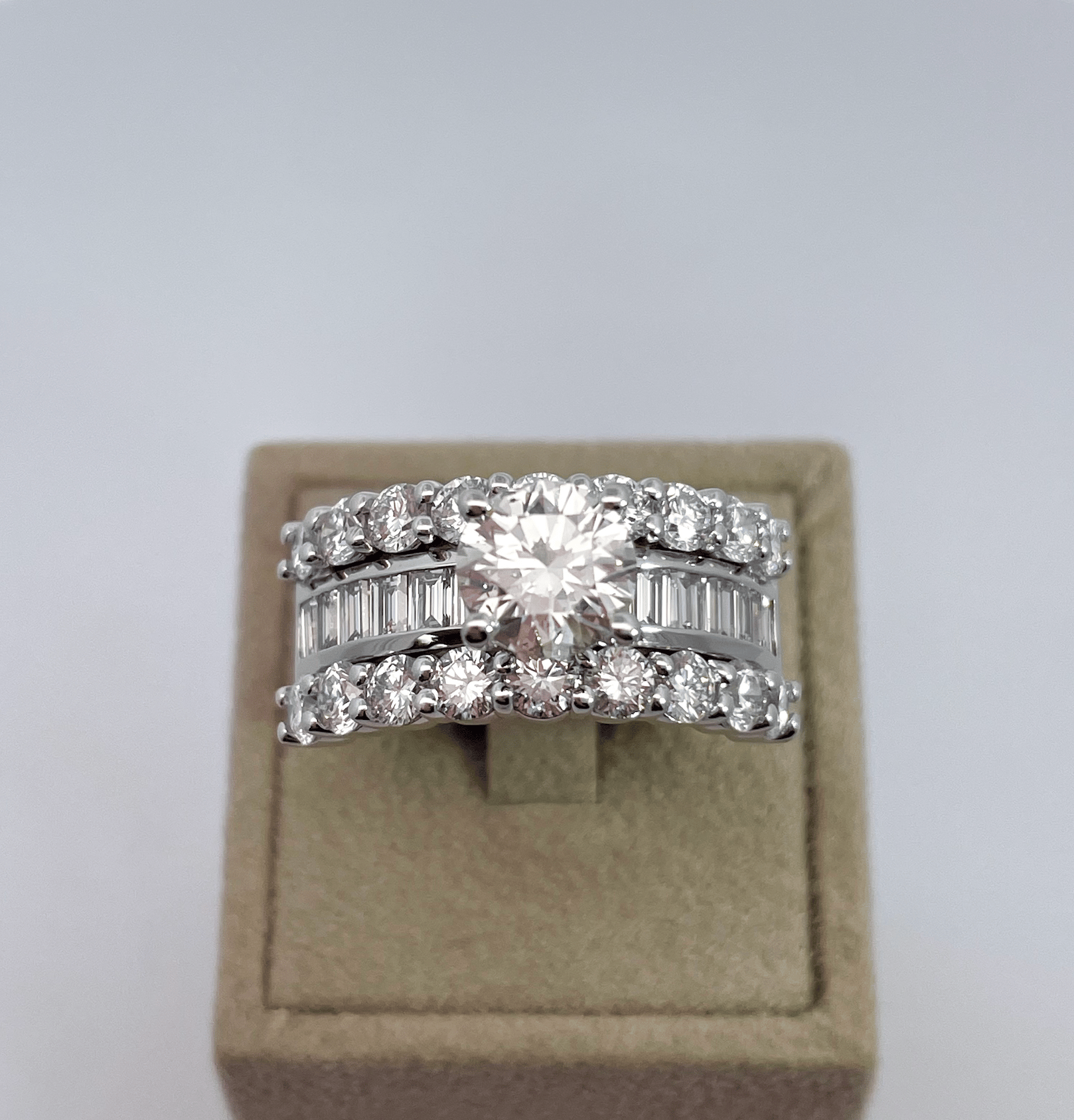 Round and Baguette Three Row Diamond Engagement Ring White Gold Round and Baguette Three Row Diamond Engagement Ring White Gold
