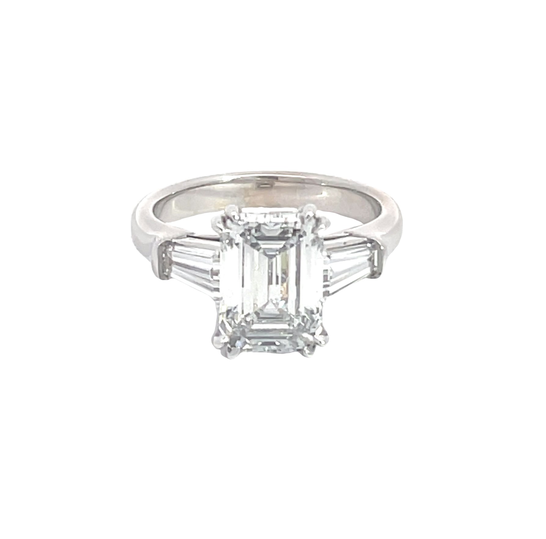 Three Stone Emerald and Tapered Baguette Diamond Engagement Ring