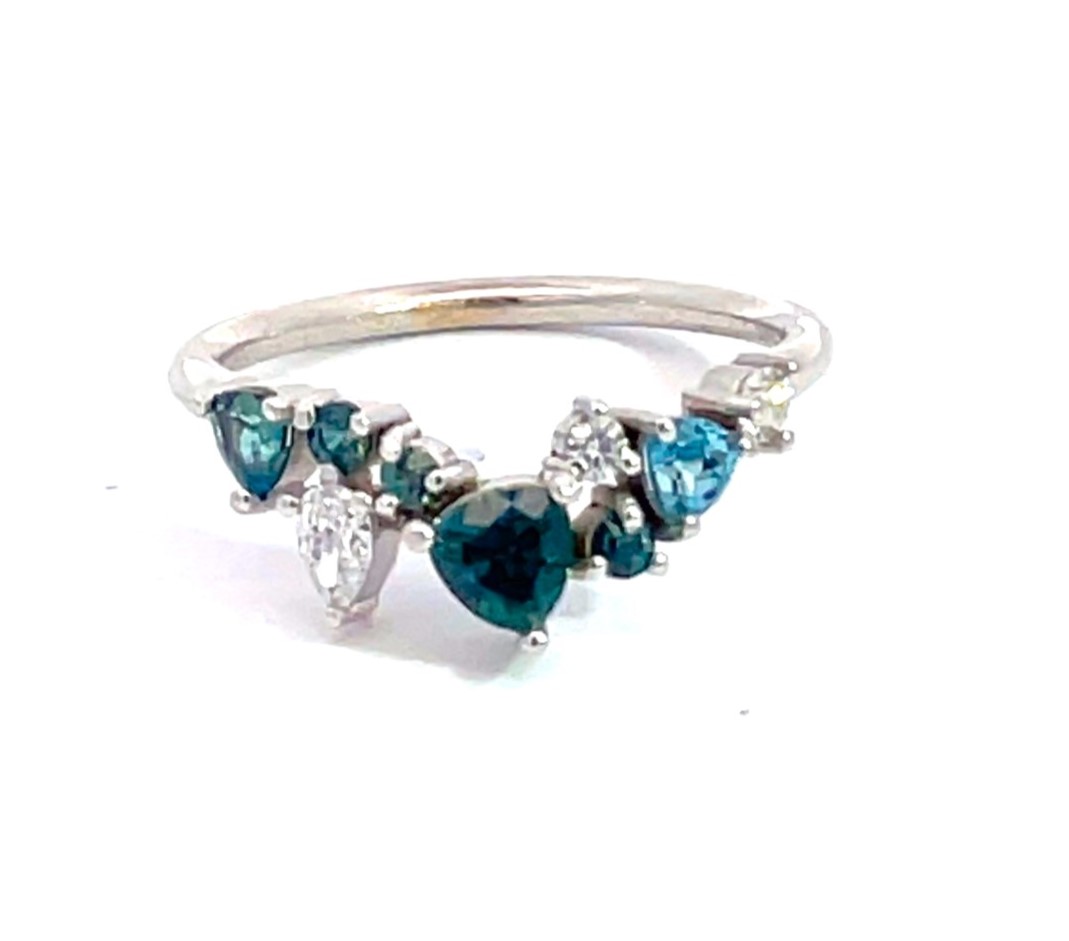 Custom Sapphire Aqua Diamond Chevron Gemstone Band