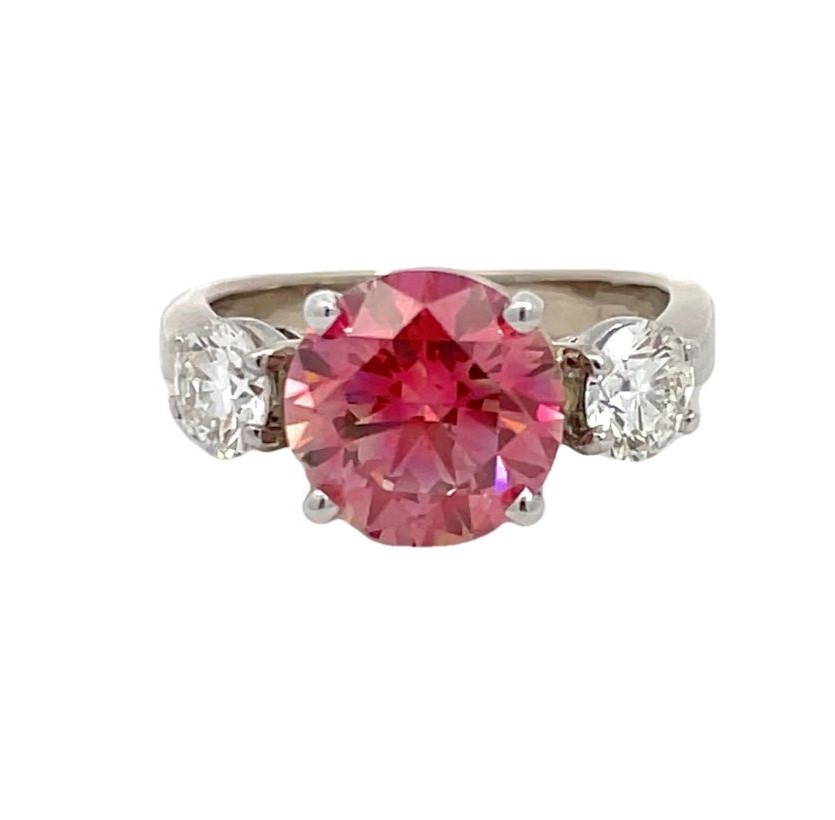 Three Stone Fancy Pink Round Diamond Engagement Ring