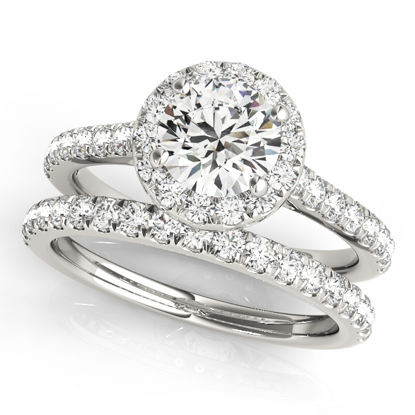 White Gold Round Halo Diamond Engagement Ring and Wedding Band