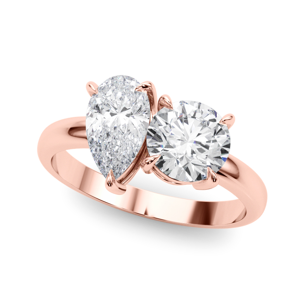 Rose Gold Two Stone Diamond Ring with Round and Pear Shape Diamonds
