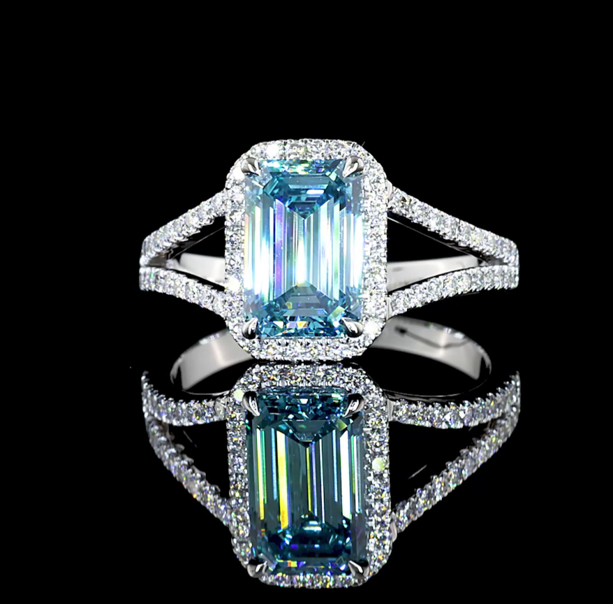 Fancy Blue Emerald Split Shank Halo Diamond Engagement Ring
