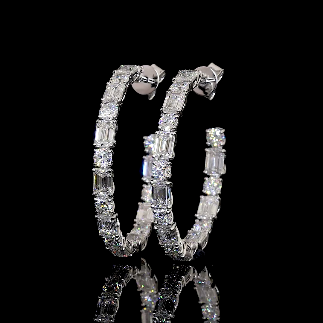 Round and Emerald Diamond Hoop Earrings