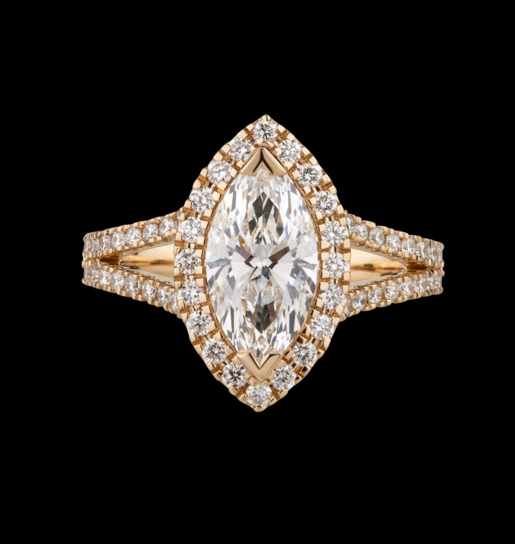 Marquise Halo Split Shank Yellow Gold Diamond Engagement Ring