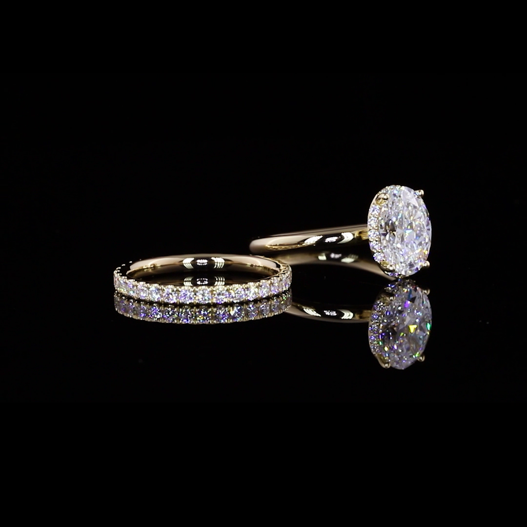 Oval Hidden Halo Diamond Engagement Ring and Wedding Band