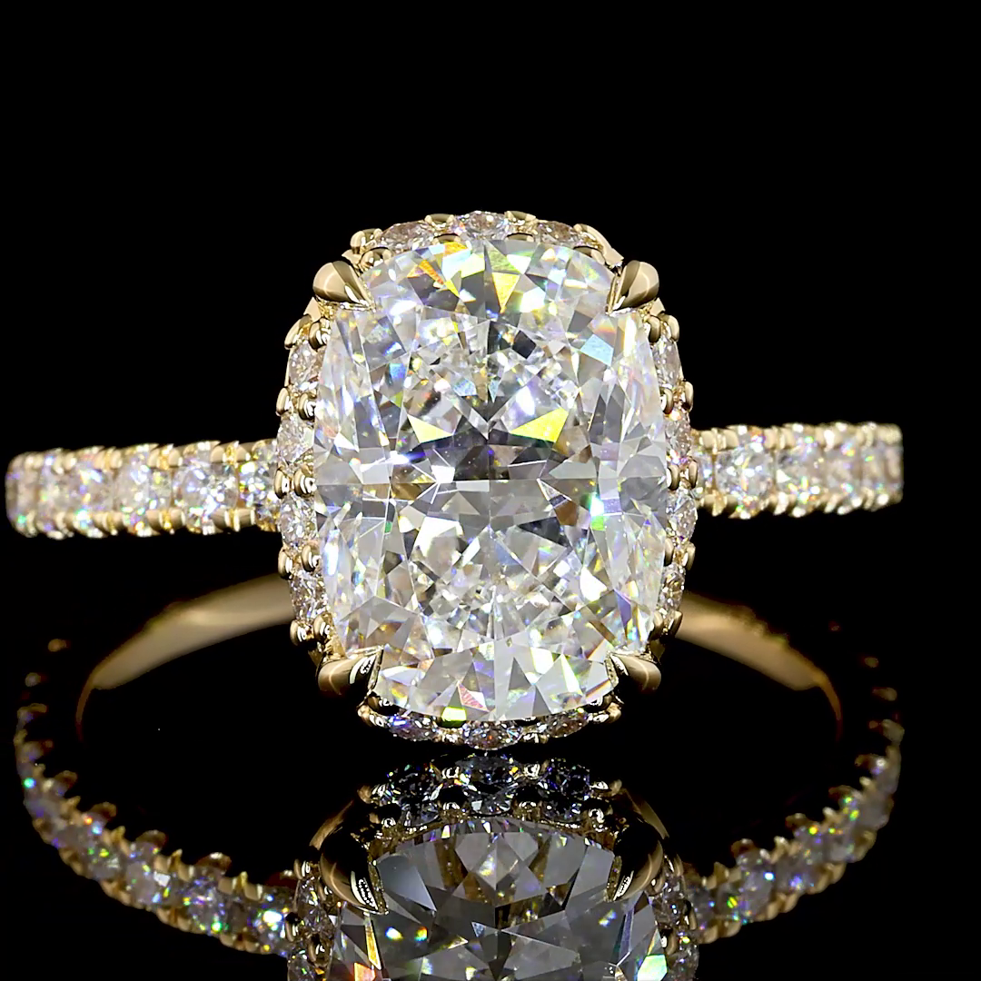 Semi Hidden Halo Cushion Yellow Gold Diamond Engagement Ring
