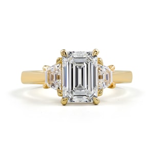 Emerald Trapezoid Three Stone Diamond Engagement Ring Yellow Gold Three Stone Emerald Cut and Step Cut Trapezoid Diamond Engagement Ring